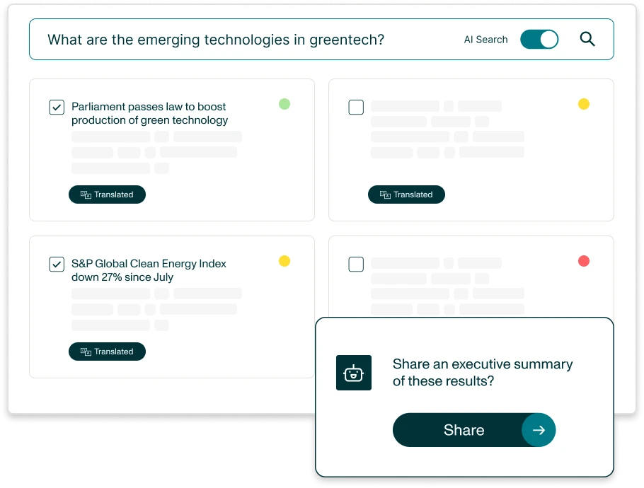 AI Research Assistant product - emerging technologies in greentech share summary - Valona Intelligence