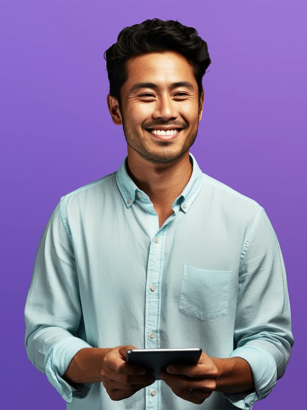 Asian man holding a tablet, purple background