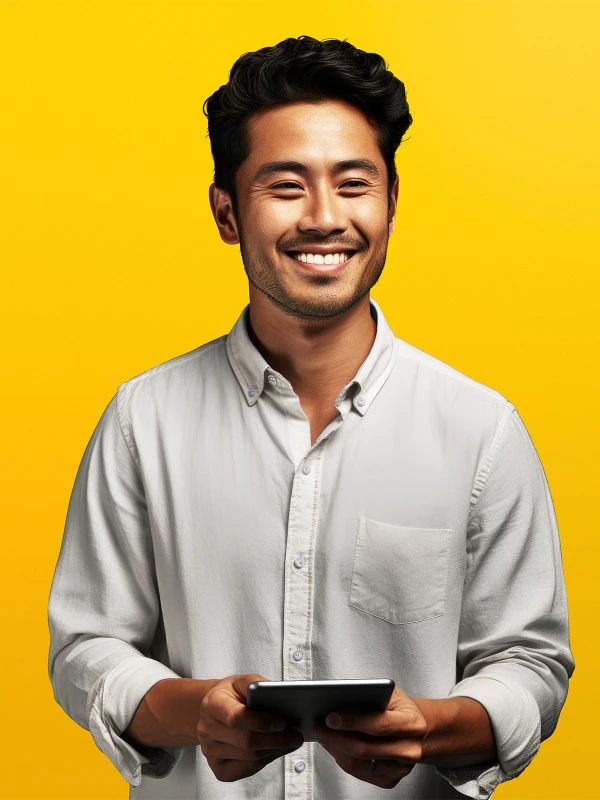 Asian man holding a tablet, yellow background