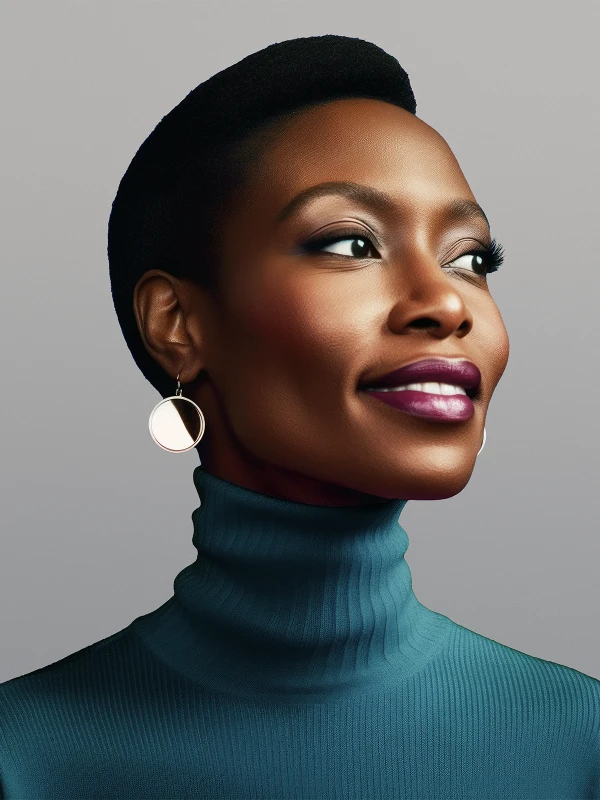 Black woman in a turtleneck, gray background