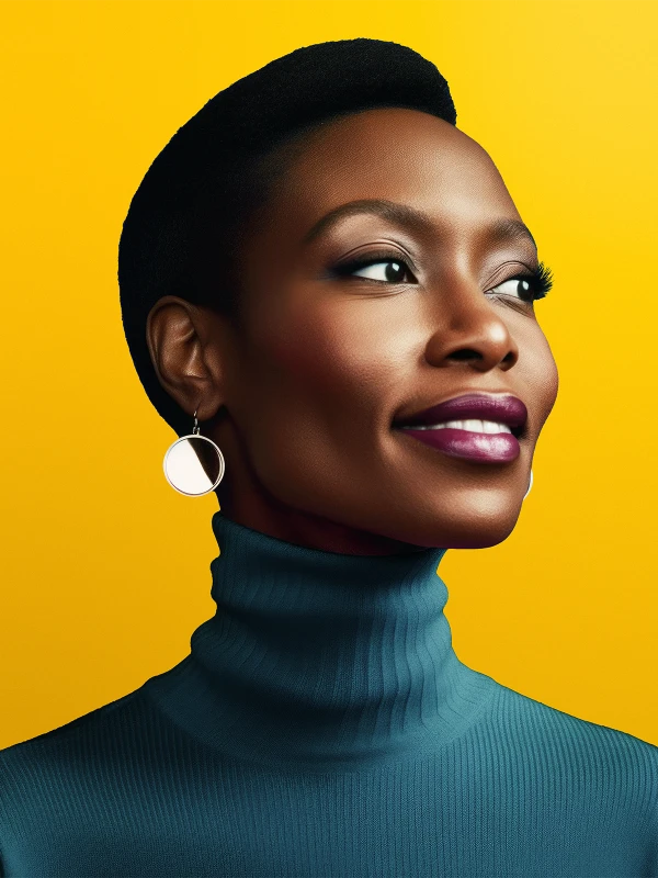 Black woman in a turtleneck, yellow background