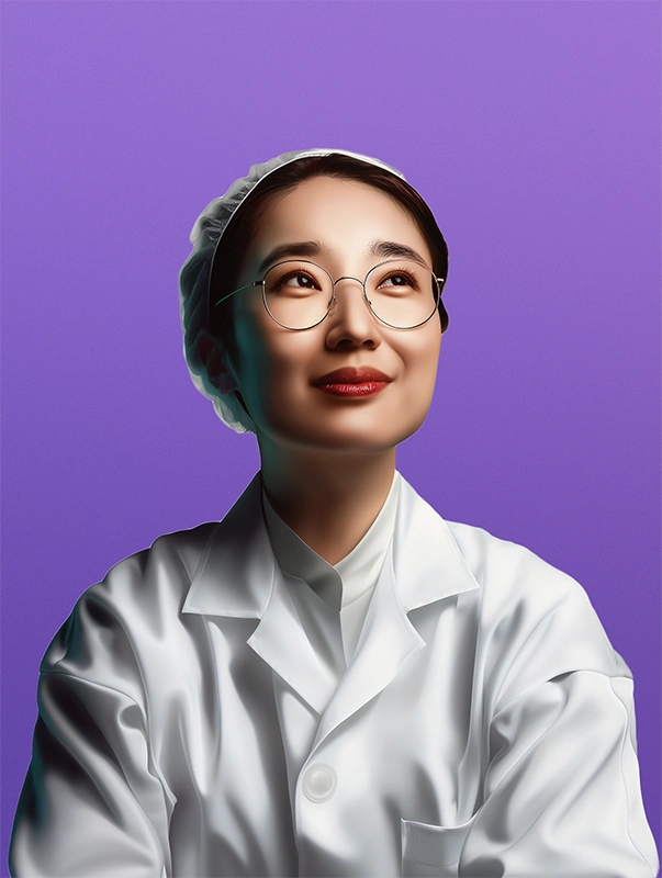 Chemicals manufacturing industry AI character wearing a hairnet and lab coat, lavender background - Valona Intelligence