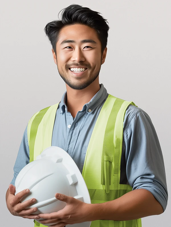 Heavy industrial manufacturing worker holding a hardhat - Valona AI character