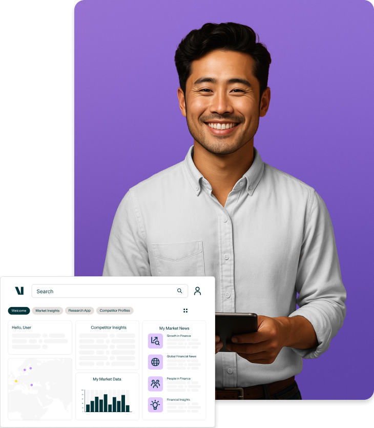 Competitive intelligence platform dashboard illustration - Valona AI character - lavender background