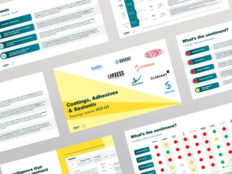 Valona Intelligence quarterly earnings analysis report for coatings, adhesives, and sealants sector showing competitive sentiment analysis across major companies including DuPont, AkzoNobel, Clariant, Solvay, LANXESS, Avient, and Svensso with strategic insights and market performance indicators