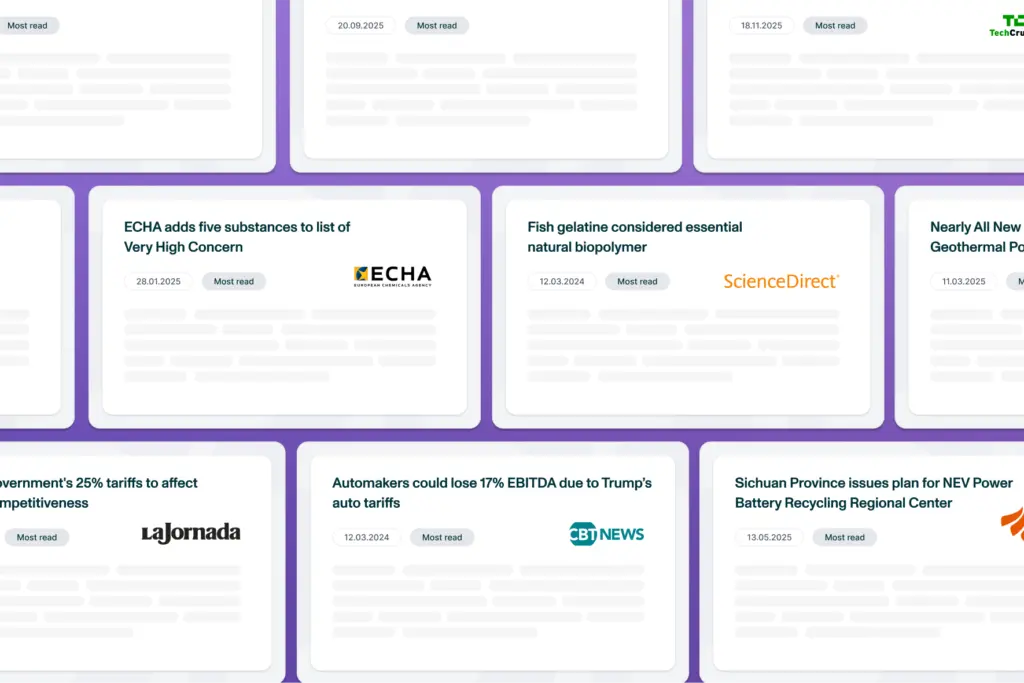Valona Intelligence multilingual market intelligence monitoring showing diverse global news sources including ECHA regulatory updates, FoodNavigator industry news, TechCrunch technology coverage, ScienceDirect research, and international publications across 115+ languages for comprehensive competitive intelligence