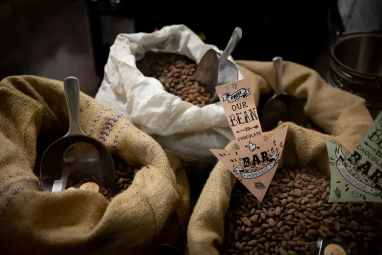 Three bags of cocoa beans being sold on a market
